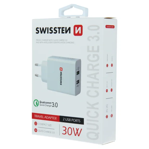 Incarcator Retea Swissten cu Incarcare Rapida, Smart IC 2xUSB  3.0 30W Alb