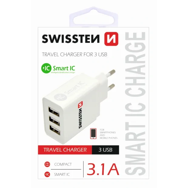 Incarcator Retea Swissten, Smart IC 3xUSB 3.1A Alb