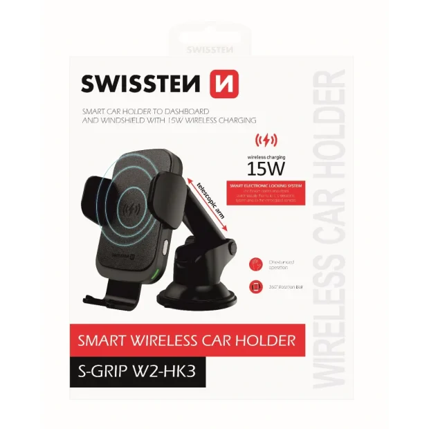 Kit Suport Auto+Incarcator Wireless Swissten S-GRIP W2-HK3 15W Negru