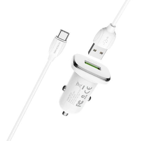 Set Incarcator Auto Borofone BZ12A 1xUSB+Cablu Date Type C 1m Alb