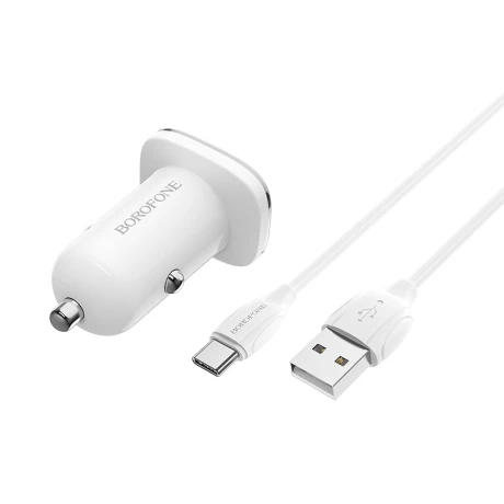 Set Incarcator Auto Borofone BZ12A 1xUSB+Cablu Date Type C 1m Alb