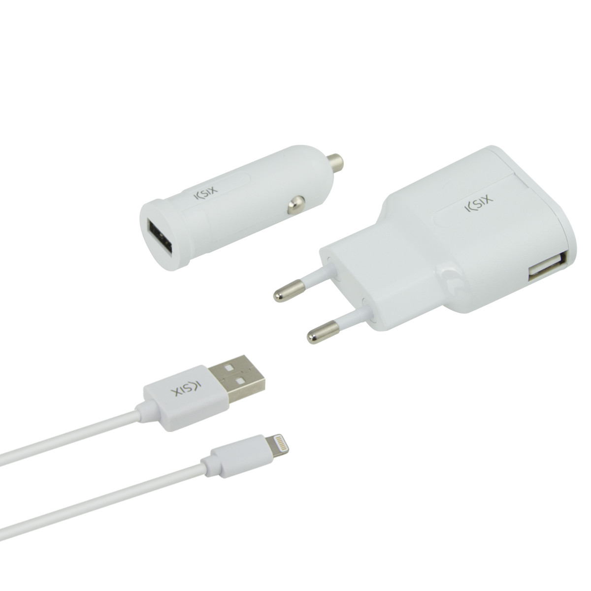 Set Incarcator Auto si Retea Ksix +Cablu Date Lightning-Usb  Alb thumb