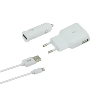 Set Incarcator Auto si Retea Ksix +Cablu Date Lightning-Usb  Alb