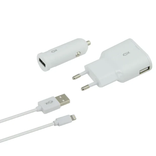 Set Incarcator Auto si Retea Ksix +Cablu Date Lightning-Usb  Alb