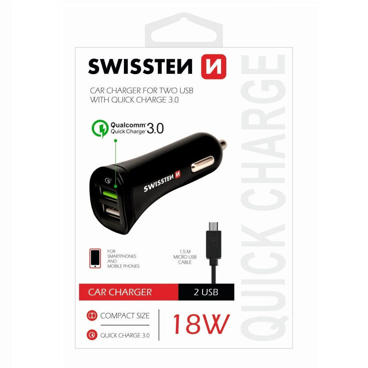 Set Incarcator Auto Swissten 2xUSB QC 3.0+Cablu Date Micro Usb 1.5m Negru thumb