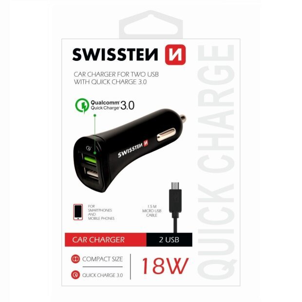 Set Incarcator Auto Swissten 2xUSB QC 3.0+Cablu Date Micro Usb 1.5m Negru