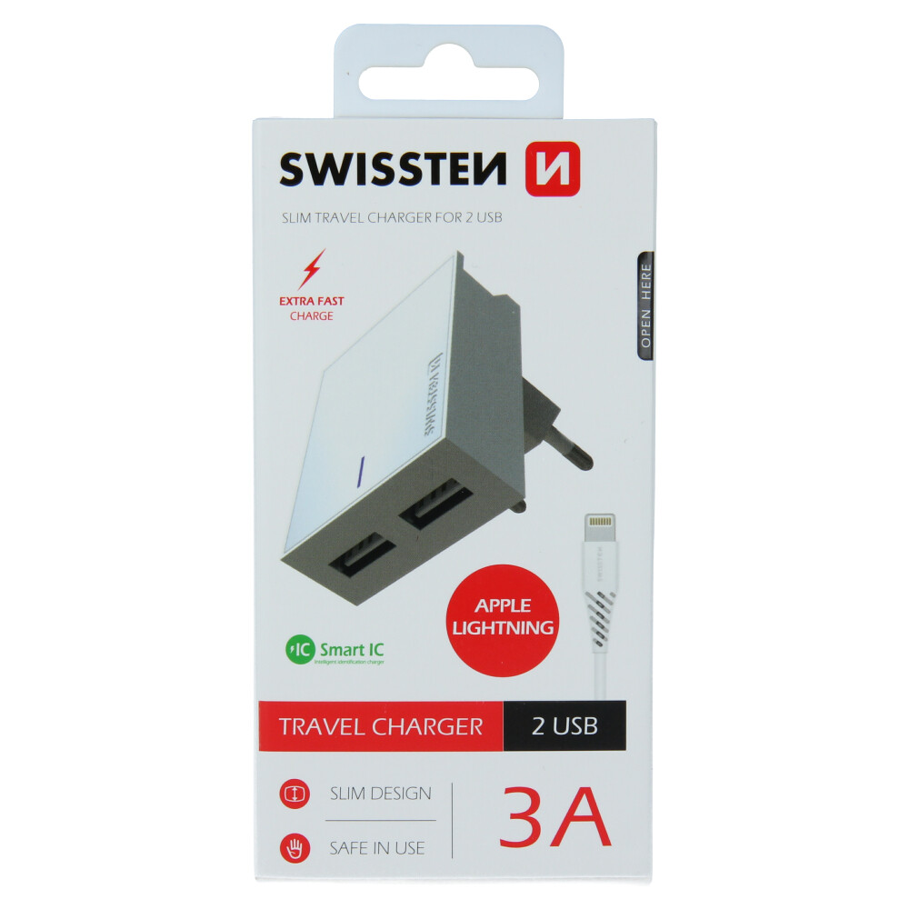Set Incarcator Retea Swissten Smart IC 2xUSB 3A + Cablu Date Lightning 1.2m Alb thumb