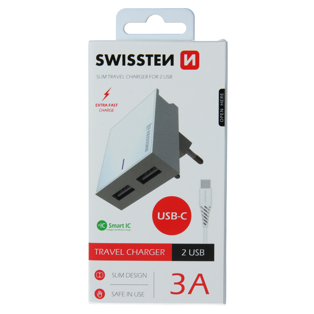 Set Incarcator Retea Swissten Smart IC 2xUSB 3A + Cablu Date Type C 1.2m Alb thumb