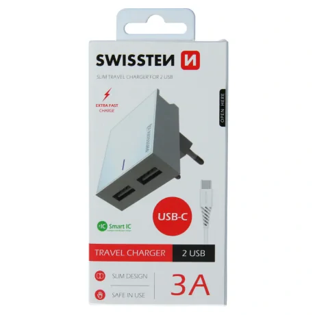 Set Incarcator Retea Swissten Smart IC 2xUSB 3A + Cablu Date Type C 1.2m Alb