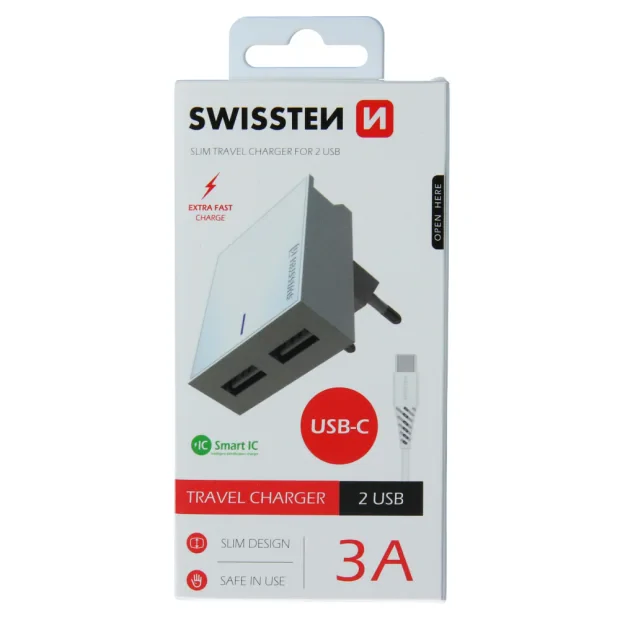 Set Incarcator Retea Swissten Smart IC 2xUSB 3A + Cablu Date Type C 1.2m Alb
